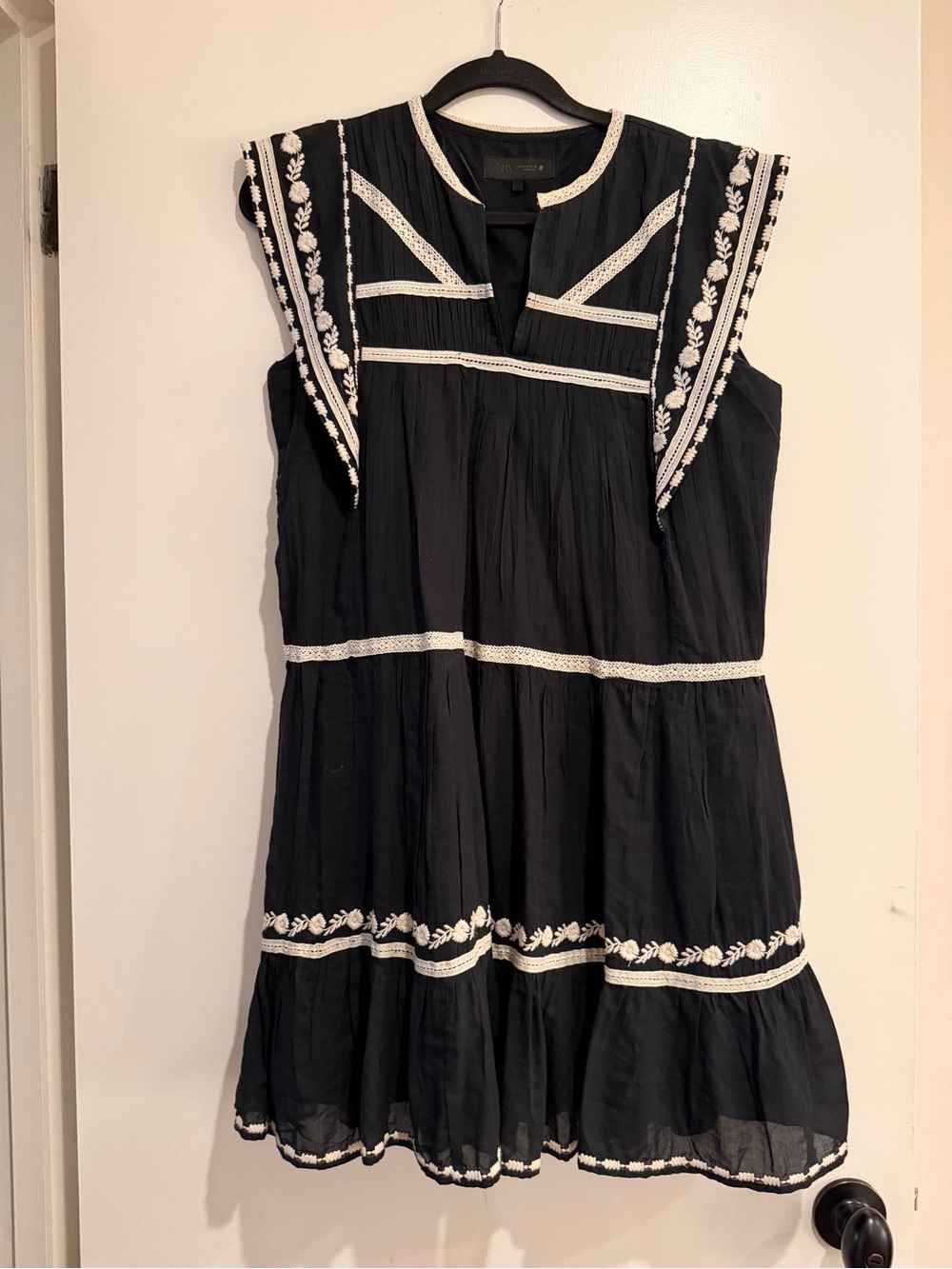 Zara Black Embroidered Tiered Dress with Ivory Embroidery and Lace Small